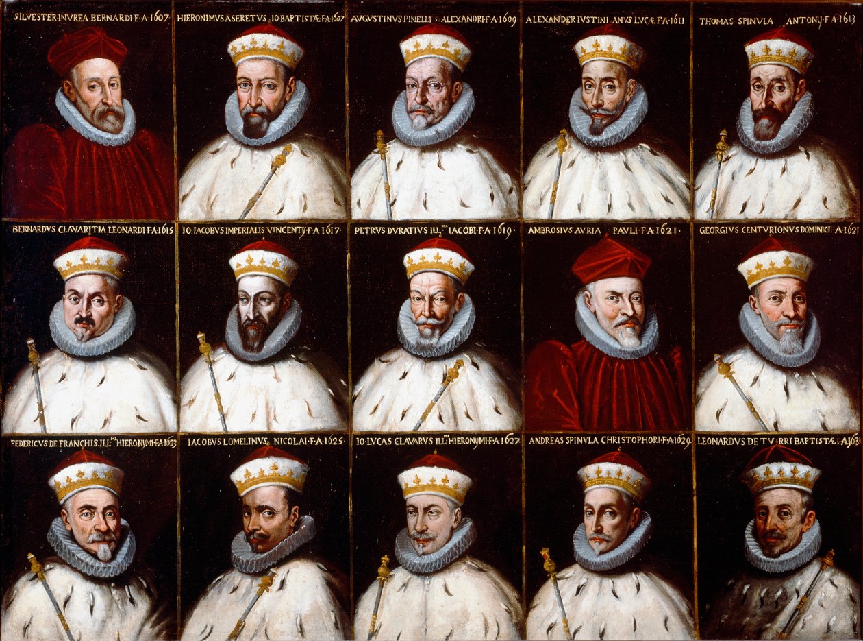 Genler Cumhuriyeti arması ve Doges portreleri. Silvestro Invrea, Gerolamo Assereto, Agostino Pinello Luciani, Alessandro Giustiniani Longo, Tomaso Spinola, Clavarezza Bernardo, Giovanni Giacomo Imperiale (Tartaro), Pietro Durazzo, Ambrog by Northern Italian School