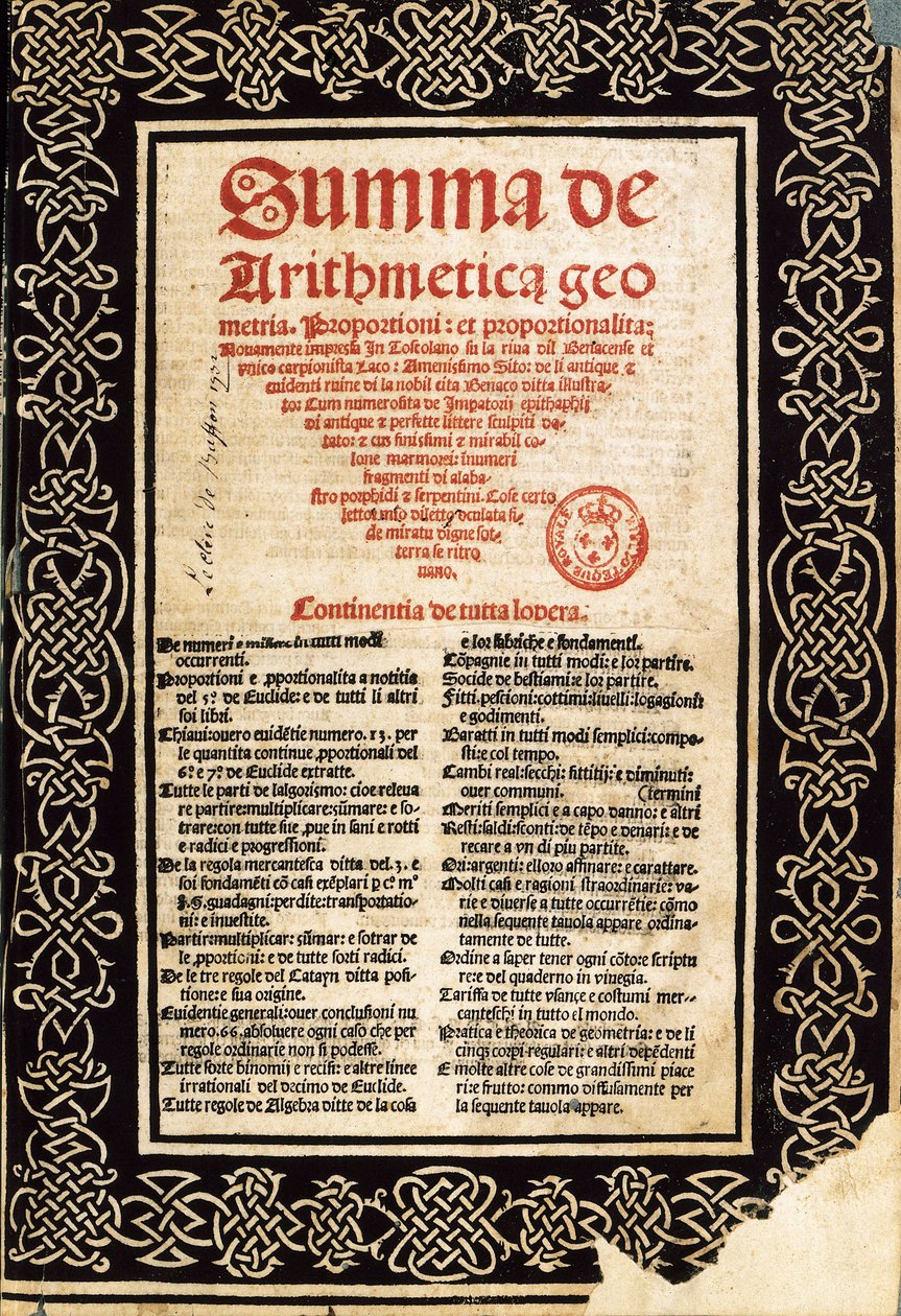 Luca Pacioli tarafından "Summa Arithmetica" by Northern Italian School