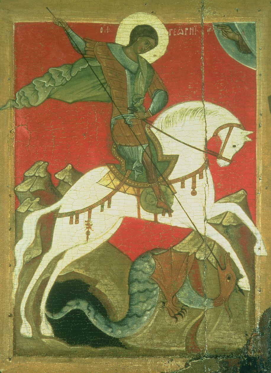 Aziz George ve Ejderha Simgesi (panelde tempera) by Novgorod School