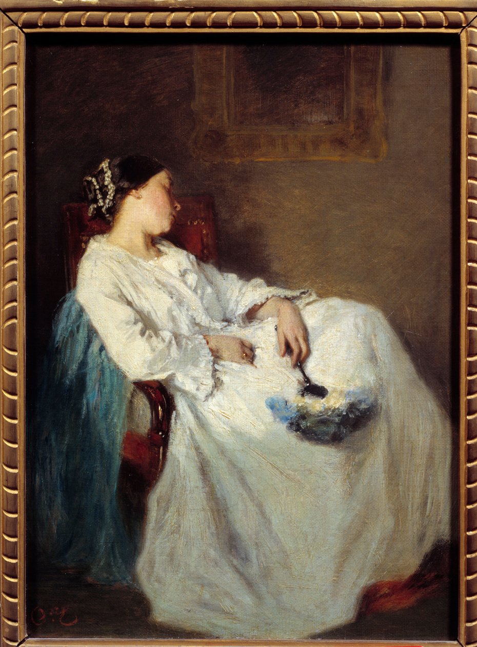 Uyuyan Oturan Kadın Tablosu Octave Tassaert (1800-1874) 19. yüzyıl Güneşi. 0,32 x 0,24 m by Octave Tassaert