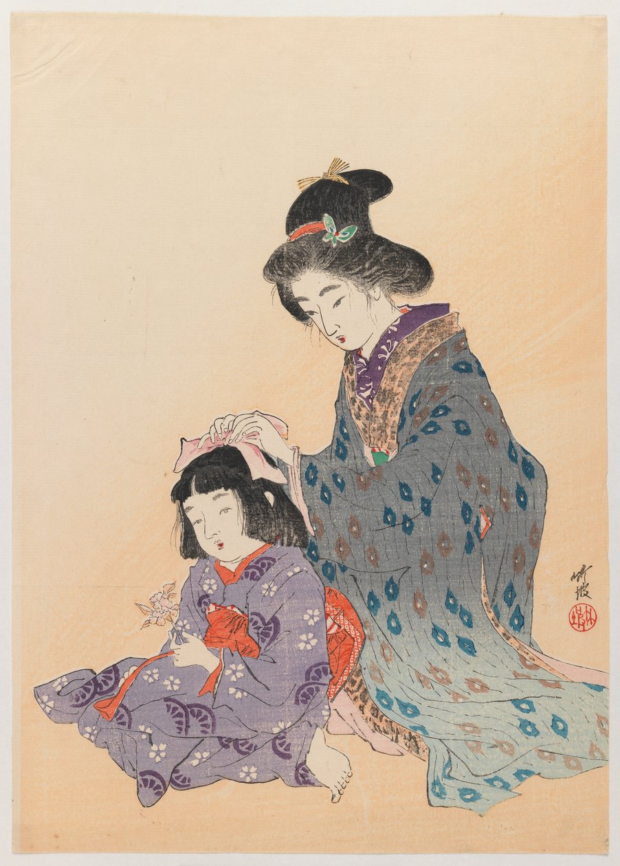 Kızların Saçını Düzelten Kadın, 1900 (tahta baskı) by Odake Chikuha