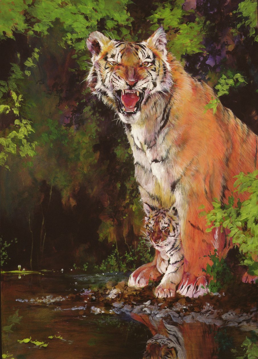 Anne ve Bebek II (Kaplanlar) 1997 (kağıt üzerine akrilik ve kara kalem) by Odile Kidd