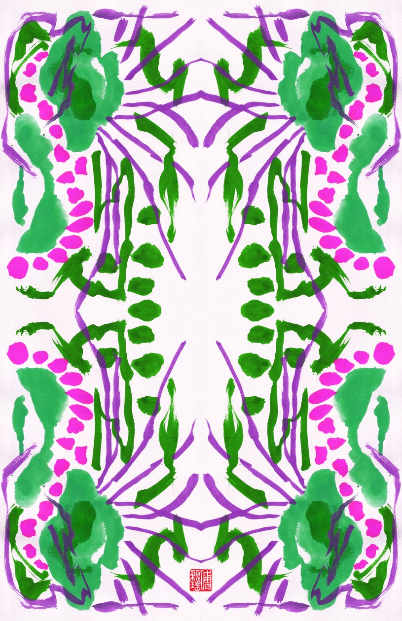 Tavus Kuşu Yeşil Pembe Çiçek Desenli, 2023 (kağıt üzeri guaj, dijital) by Odilia W. Y. Fu