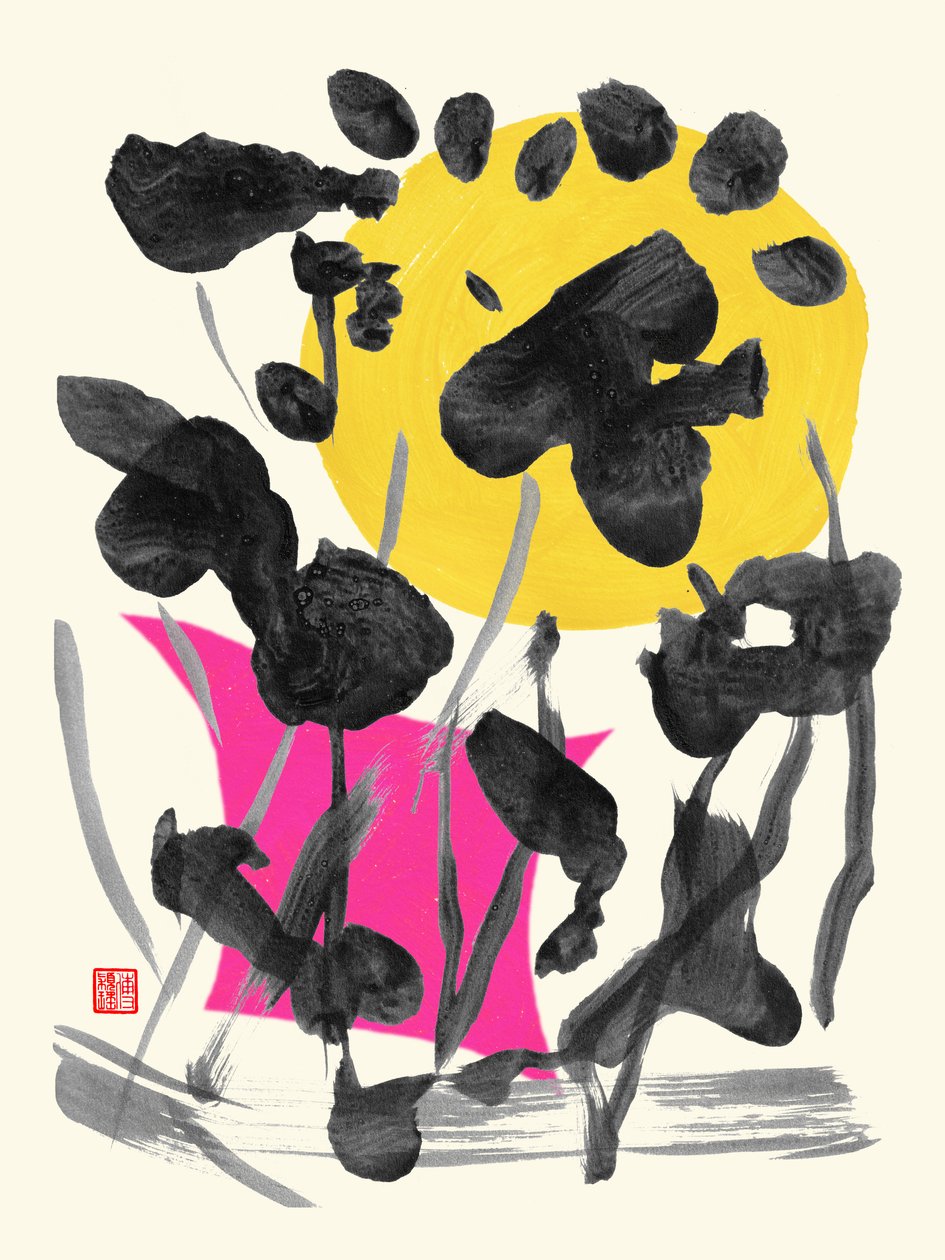 Zen Dolunay Mürekkep Çiçekleri, 2023 (kağıt üzerine akrilik, dijital) by Odilia W. Y. Fu