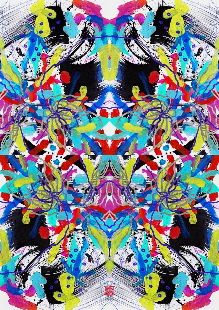 Zen Mürekkep Mavi Kırmızı Sarı Çiçek Desenli, 2023 (kağıt üzeri akrilik, dijital) by Odilia W. Y. Fu