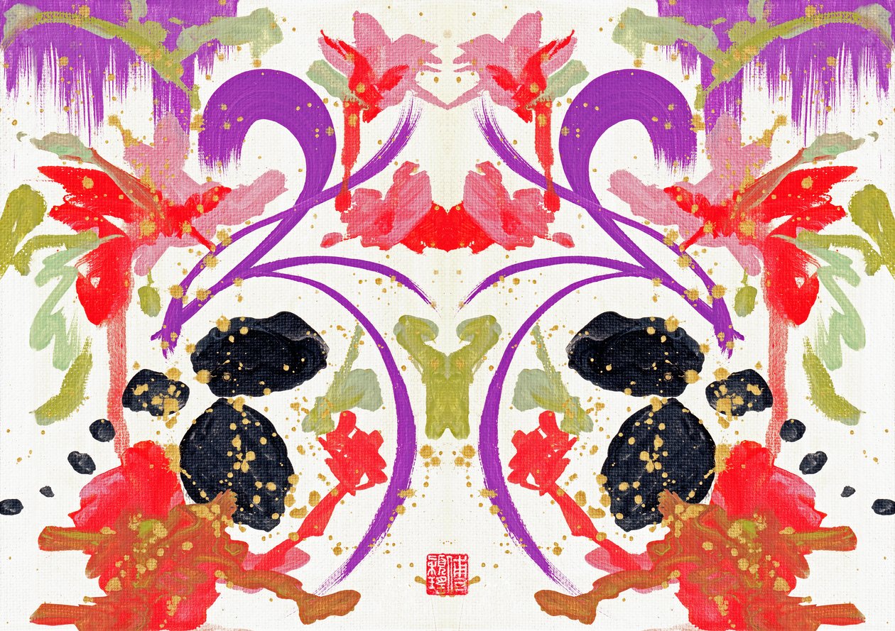 Zen Turuncu Mor Çiçekler 1, 2021 (tuval üzerine akrilik, dijital) by Odilia W. Y. Fu