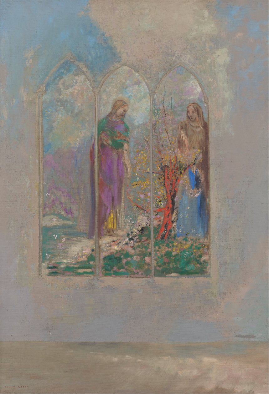 Kırmızı bir çalının yanında bağlılık by Odilon Redon