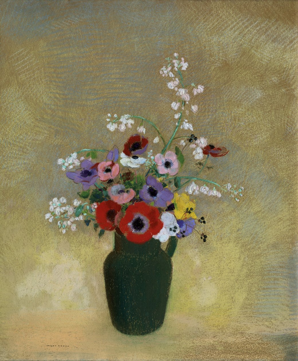 Karışık Çiçekli Büyük Yeşil Vazo by Odilon Redon