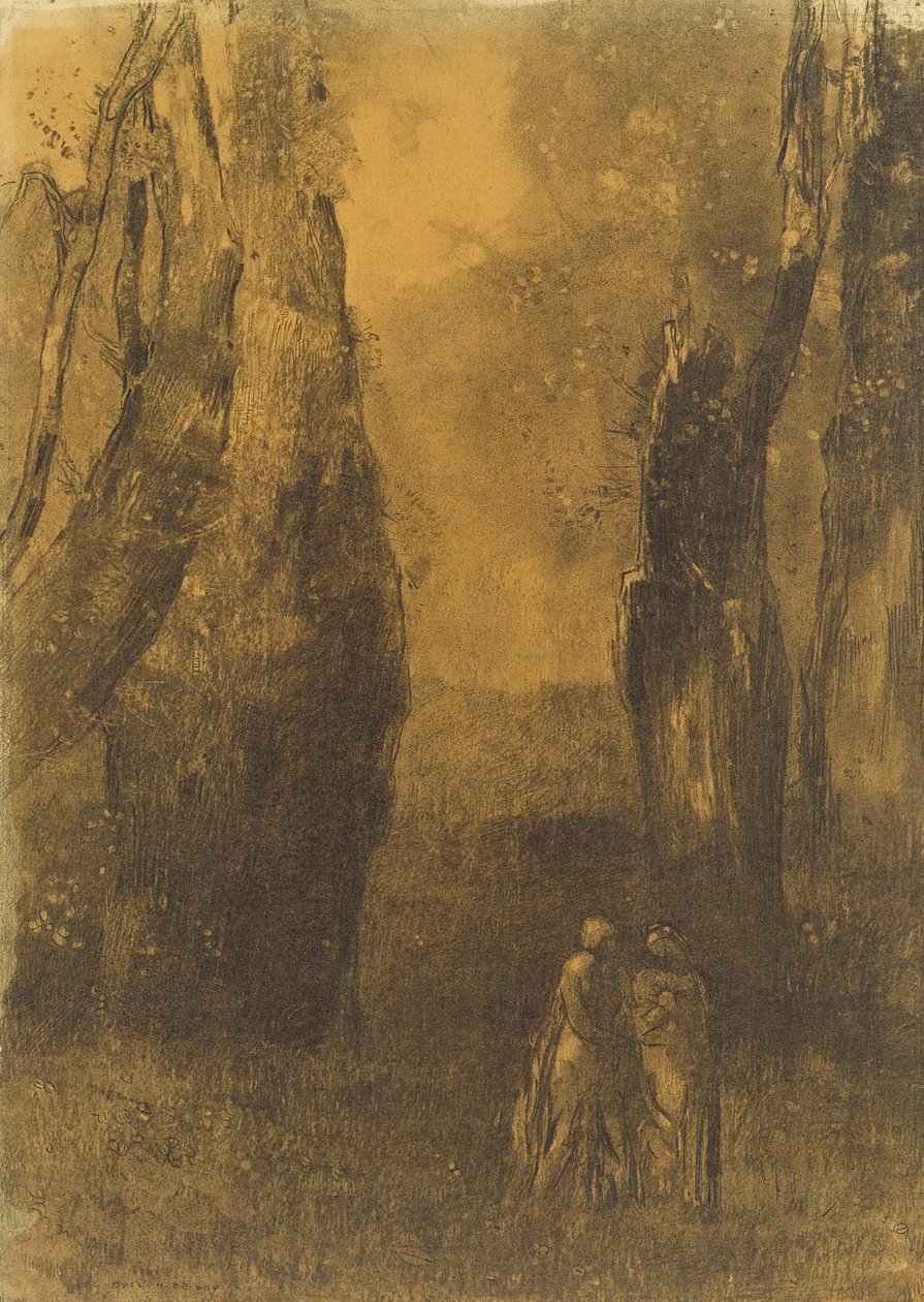 Kayalık bir manzarada aşıklar (kömür) by Odilon Redon