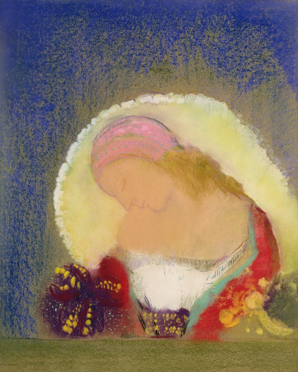 Çiçekli Kız Profili, c.1900 (kağıt üzerinde pastel) by Odilon Redon