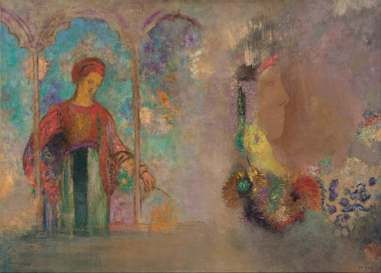 Gotik bir arcade-kadında çiçekli kadın by Odilon Redon