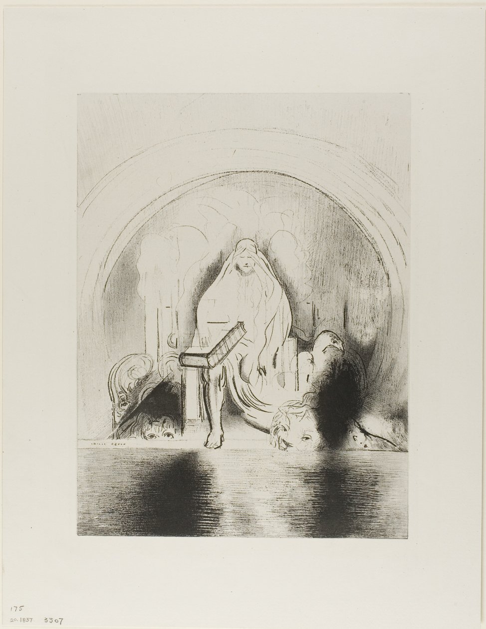 Ve tahtta oturanın sağ elinde içte ve arkada yazılı, yedi mühürle mühürlenmiş bir kitap gördüm, levha 2/12 by Odilon Redon