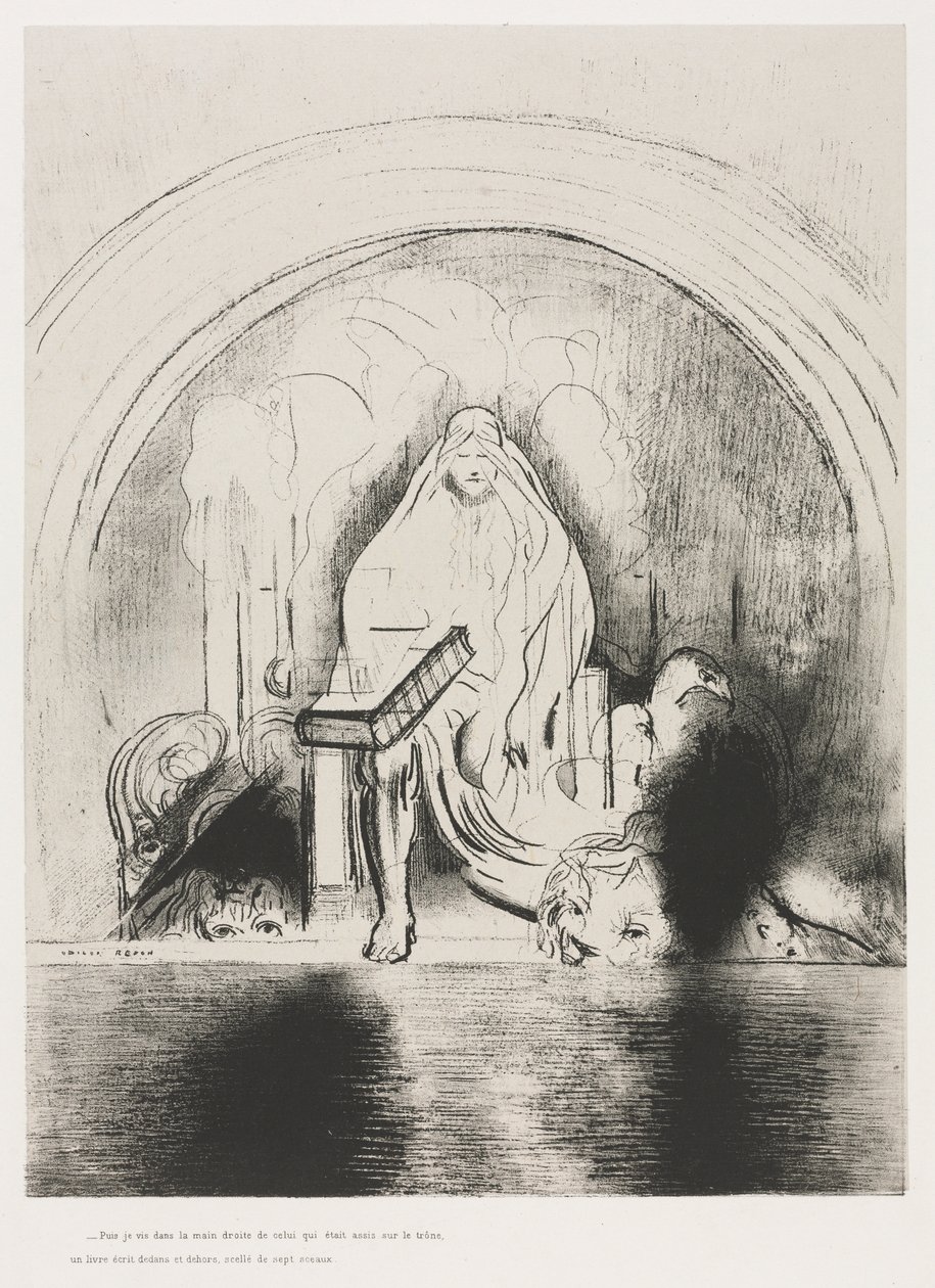 Ve tahtta oturanın sağ elinde içte ve arkada yazılı, yedi mühürle mühürlenmiş bir kitap gördüm. by Odilon Redon