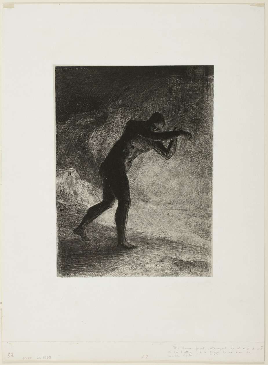 Ve Adam Göründü; Ortaya Çıktığı ve Kendisini Çeken Dünyayı Sorgulayarak Kasvetli Parlaklığa Doğru Yol Aldı, "Les Origines"den 8 / 8 numaralı plaka by Odilon Redon