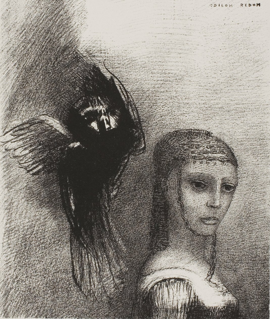 Ve Büyük Bir Kuş Gökyüzünden İnerek Saçının En Üst Noktasına Atılıyor, levha 3/10 by Odilon Redon