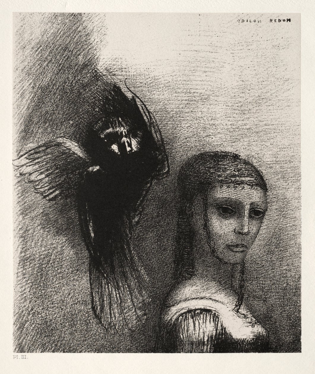 Ve Koca Bir Kuş Gökten İnerek Saçının En Üst Noktasına Atılır by Odilon Redon