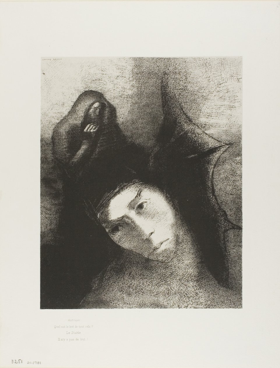 Anthony: "Bütün bunların amacı nedir?" Şeytan: "Nesne yok!", levha 18/24 by Odilon Redon