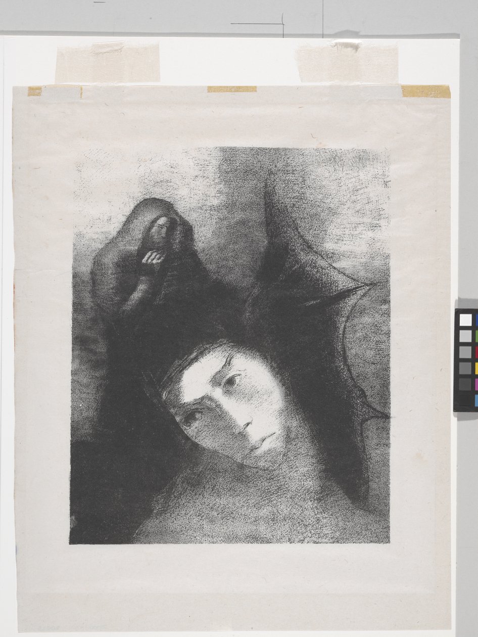Antoine: "Bütün bunların amacı ne?" (çene aplikeli kağıt üzerine litografi) by Odilon Redon