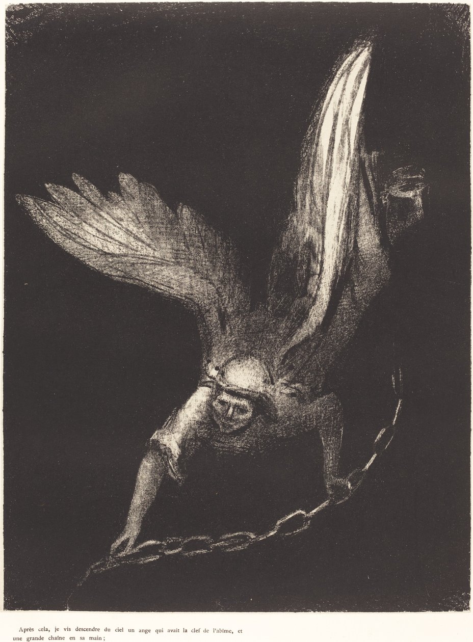 Bundan sonra, bir meleğin elinde dipsiz kuyunun anahtarı ve büyük bir zincirle gökten indiğini gördüm. ) by Odilon Redon