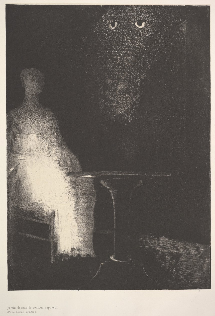 Aşağıda, bir insan formunun buharlı hatlarını gördüm, 1896. by Odilon Redon