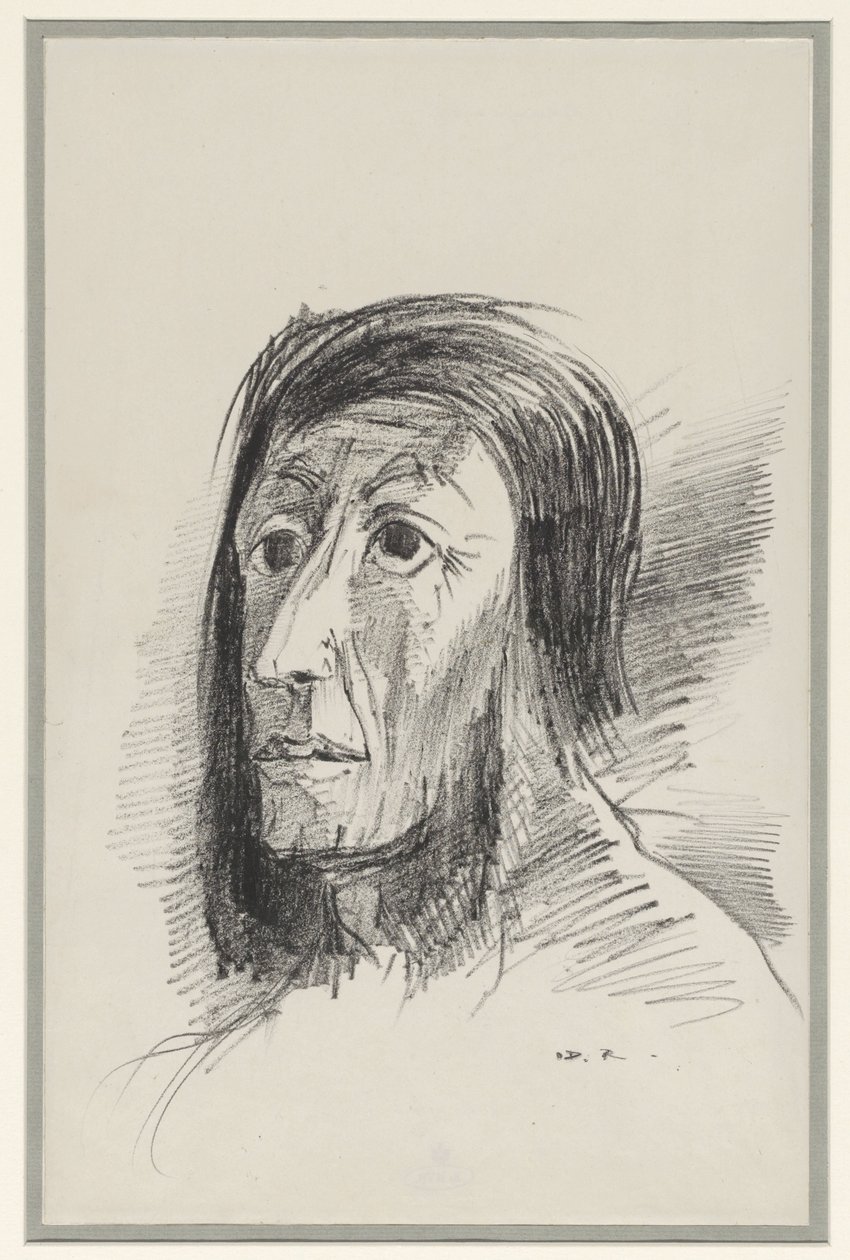 Gözleri tamamen açık siyah saçlarla çerçevelenmiş kafa by Odilon Redon