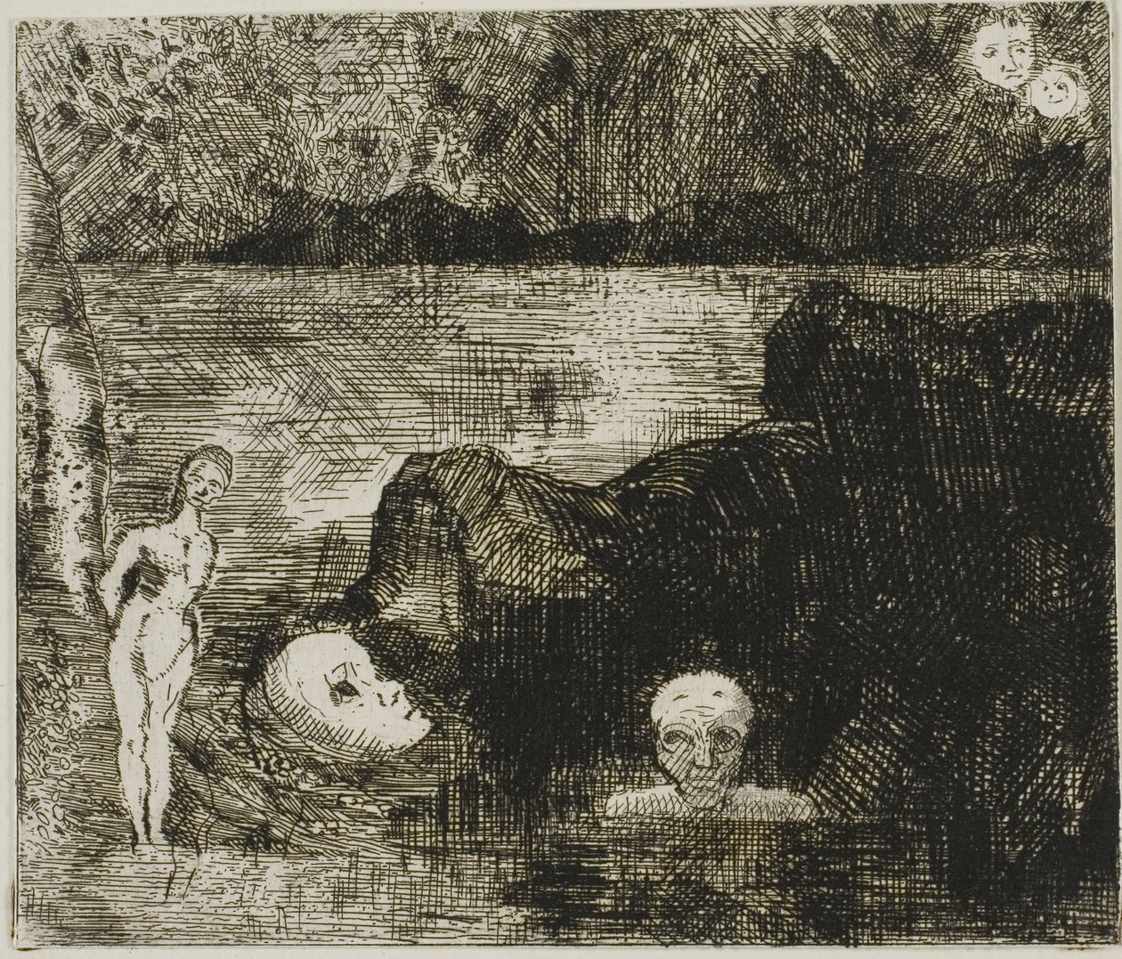 Dream Vision, 1880 dolayları (fildişi dokuma kağıt üzerine gravür ve kuru nokta) by Odilon Redon