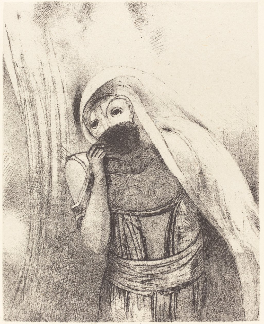 Göğsünden tamamen siyah bir sünger çeker ve onu öpücüklerle kaplar. by Odilon Redon