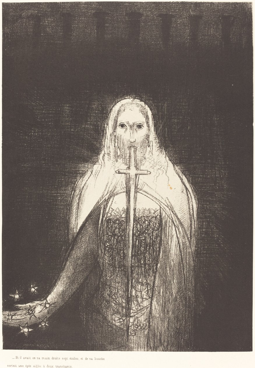 Ve sağ elinde yedi yıldız vardı ve ağzından iki ağızlı keskin bir kılıç çıktı. by Odilon Redon
