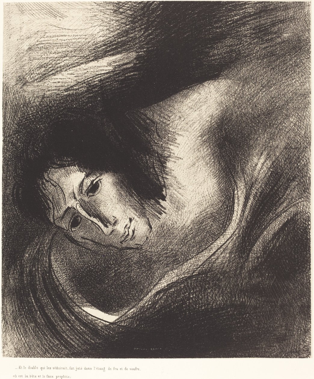 Ve onları aldatan şeytan, canavarın ve sahte peygamberin bulunduğu ateş ve kükürt gölüne atıldı.) by Odilon Redon