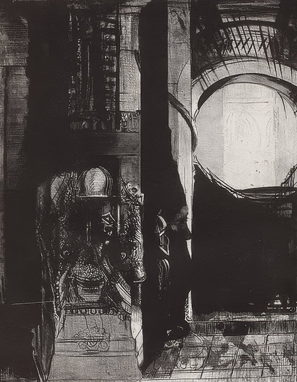 Ve her yerde bazalt sütunlar var mı? Kasalardan ışık düşüyor, Blatt 3 der Folge La Tentation de Saint-Antoine. 1896 by Odilon Redon