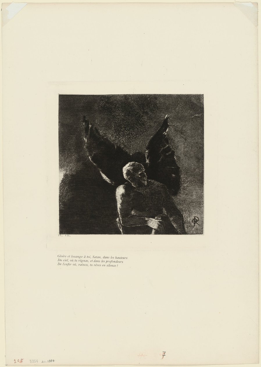 Zafer ve Hamd Sana, Şeytan, Cennetin Yükseklerinde, Hükümdar Olduğun Yerde ve Cehennemin Derinliklerinde, Nerede Yenildin, Sessizce Düşlersin!, levha 8/9 by Odilon Redon