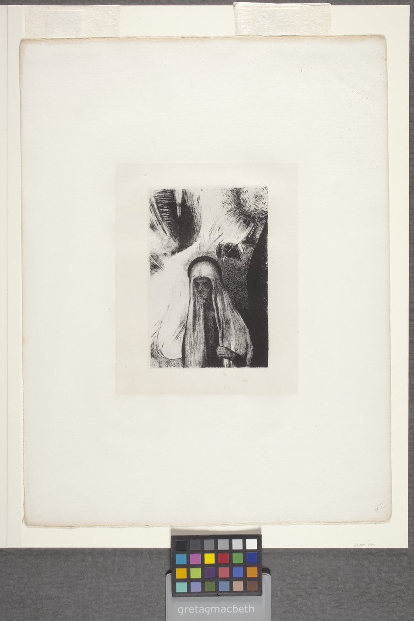 Yaşlı Kadın: "Neden korkuyorsun?" (çine aplikeli kağıt üzerine litografi) by Odilon Redon