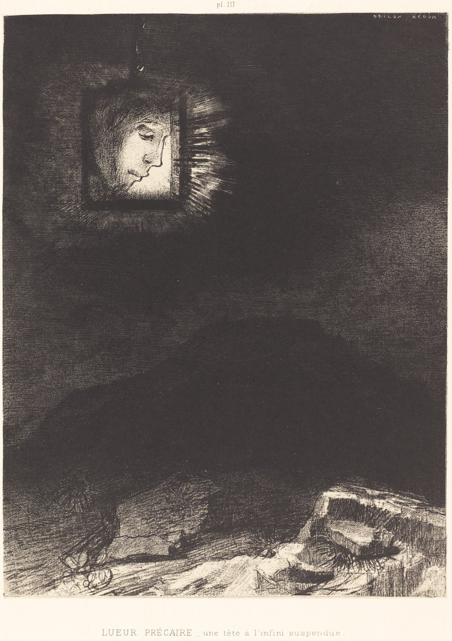Güvencesiz parıltı, asılmış bir kafa by Odilon Redon
