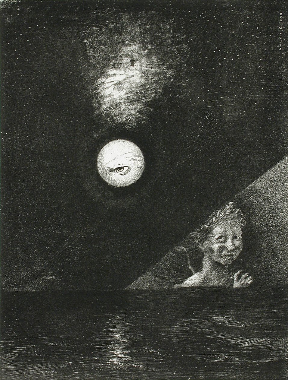 Ufukta, Kesinlik Meleği ve Karanlık Gökyüzünde Sorgulayıcı Bir Bakış. Seri: Edgar için by Odilon Redon