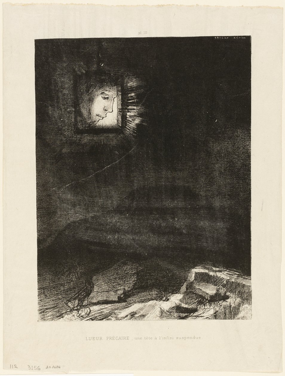 Güvencesiz Parıltı, Sonsuzluktan Asılan Bir Kafa, plaka 3/6 by Odilon Redon