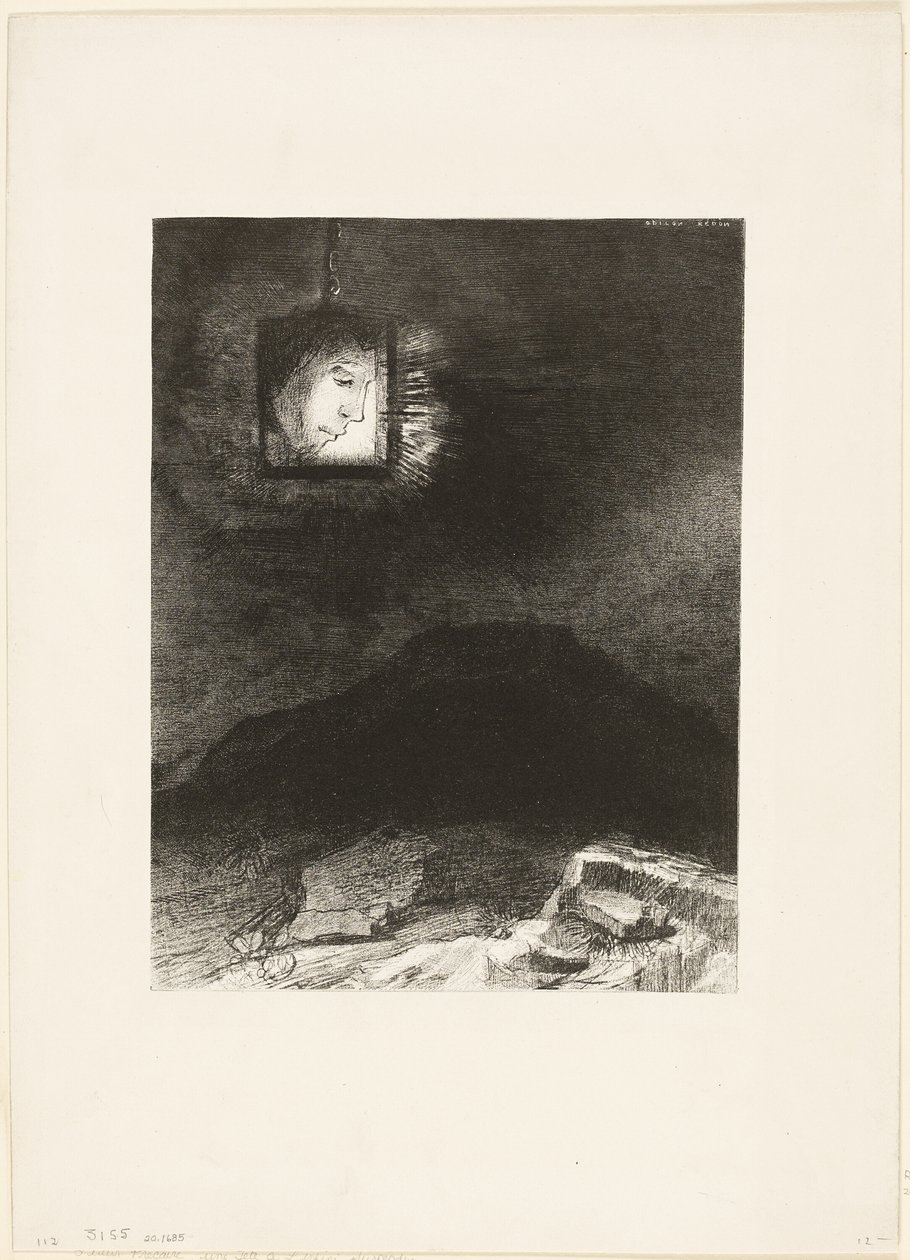 Güvencesiz Parıltı, Sonsuzluktan Asılan Bir Kafa, plaka 3/6 by Odilon Redon