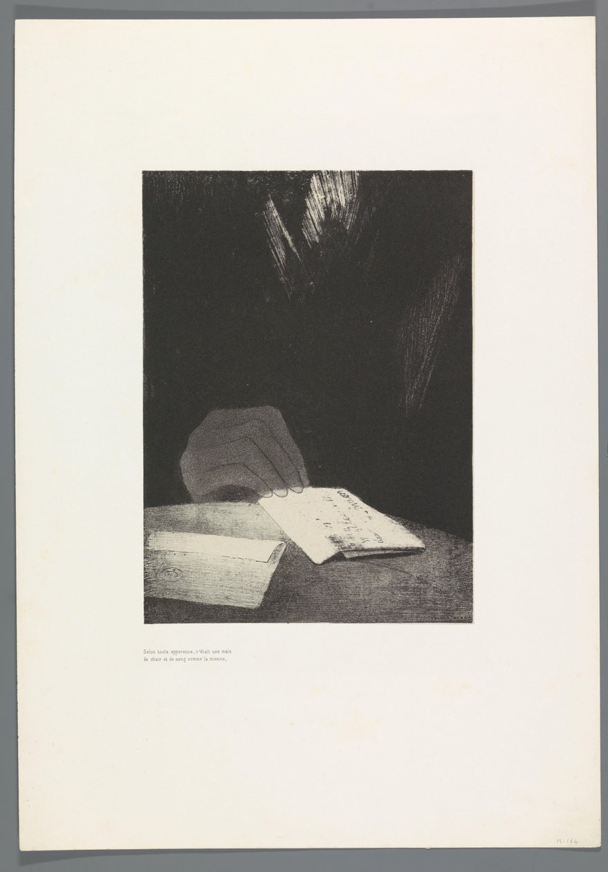 Görünüşe bakılırsa, benimki gibi etten ve kandan bir eldi La Maison Hautée, 6 litho'nun omslag titelblad Het Spookhuis, La Maison Hantée, illustraties bij tekst van Bulwer-Lytton, in het frans vertaald door René Philipon, (dizi adı) by Odilon Redon