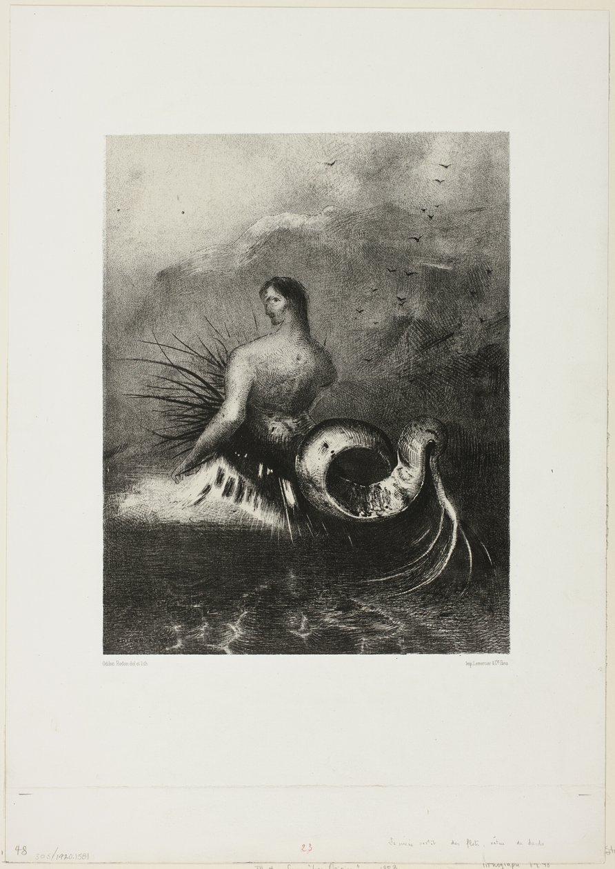 Siren Dalgalardan Çıkıyor, Alevler İçinde Giyinmiş, "Les Origines"den 4/8 plaka by Odilon Redon