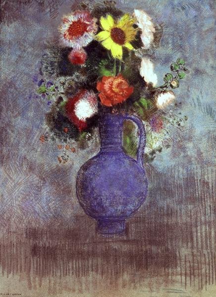 Mavi bir vazoda çiçeklerin natürmort (pastel) by Odilon Redon