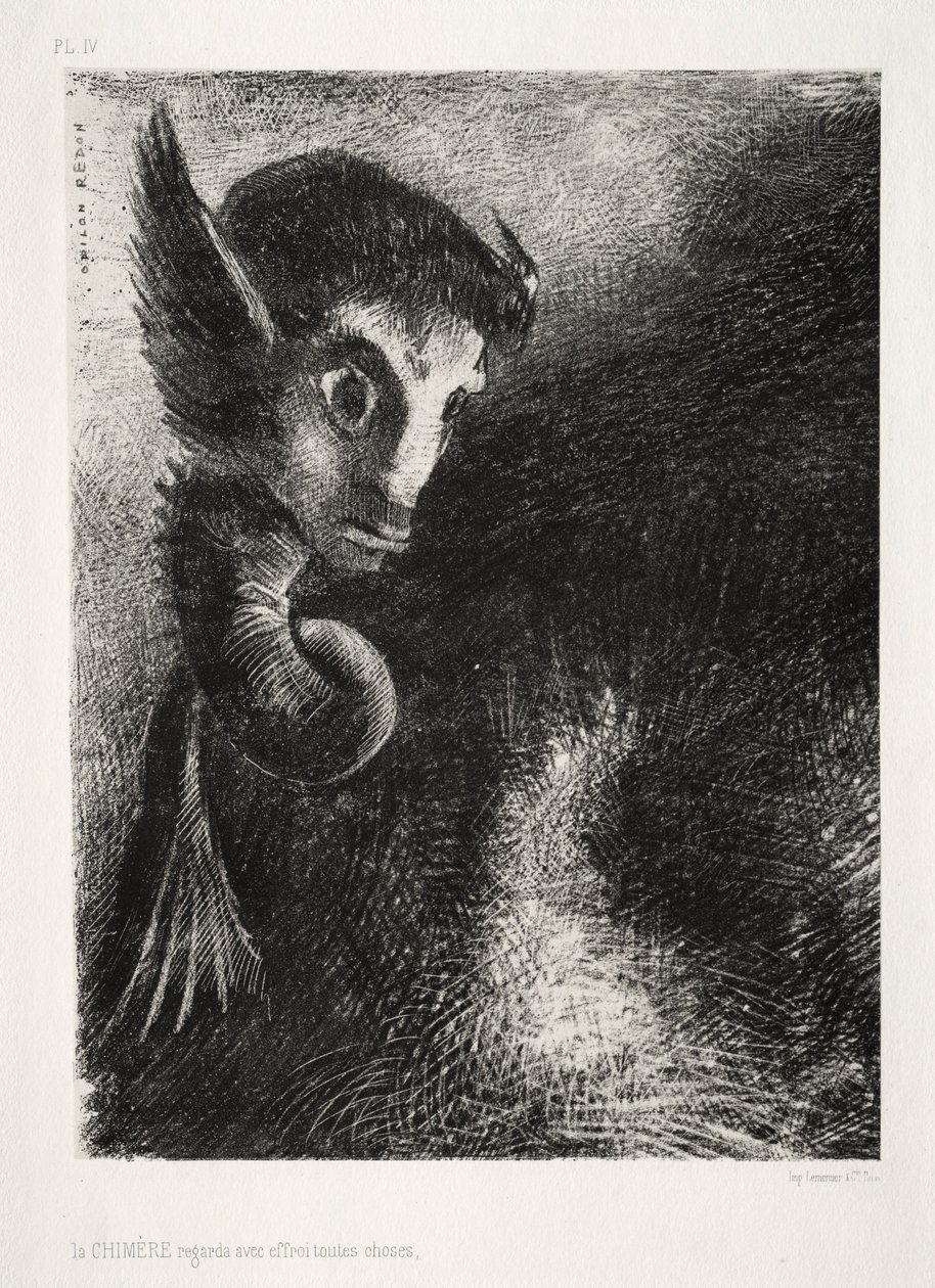 Gece: Chimera Her Şeye Korkuyla Baktı, 1886. by Odilon Redon