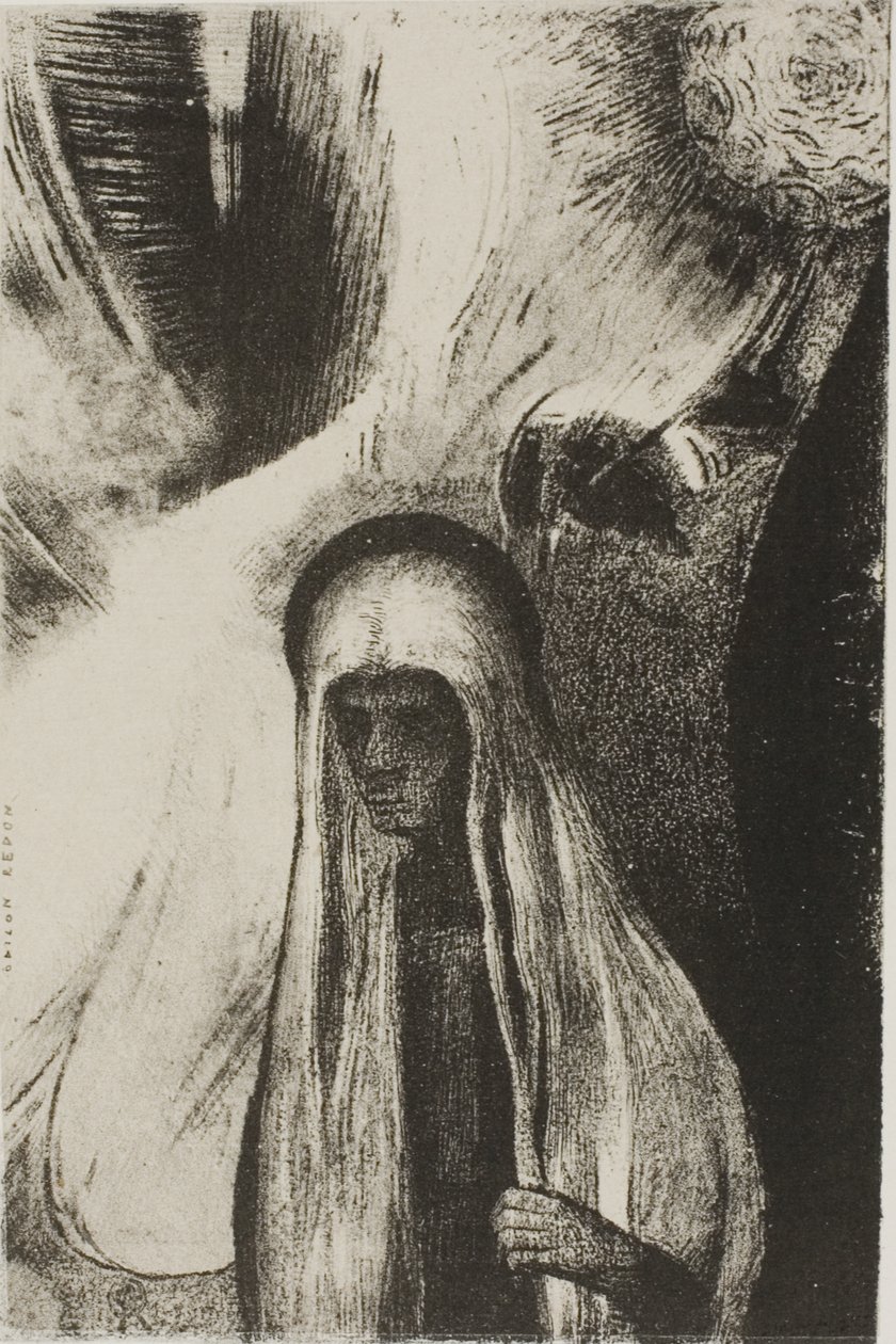 Yaşlı Kadın: "Neyden korkuyorsun? Geniş bir kara delik! Belki boştur?", 19/24 levhası by Odilon Redon