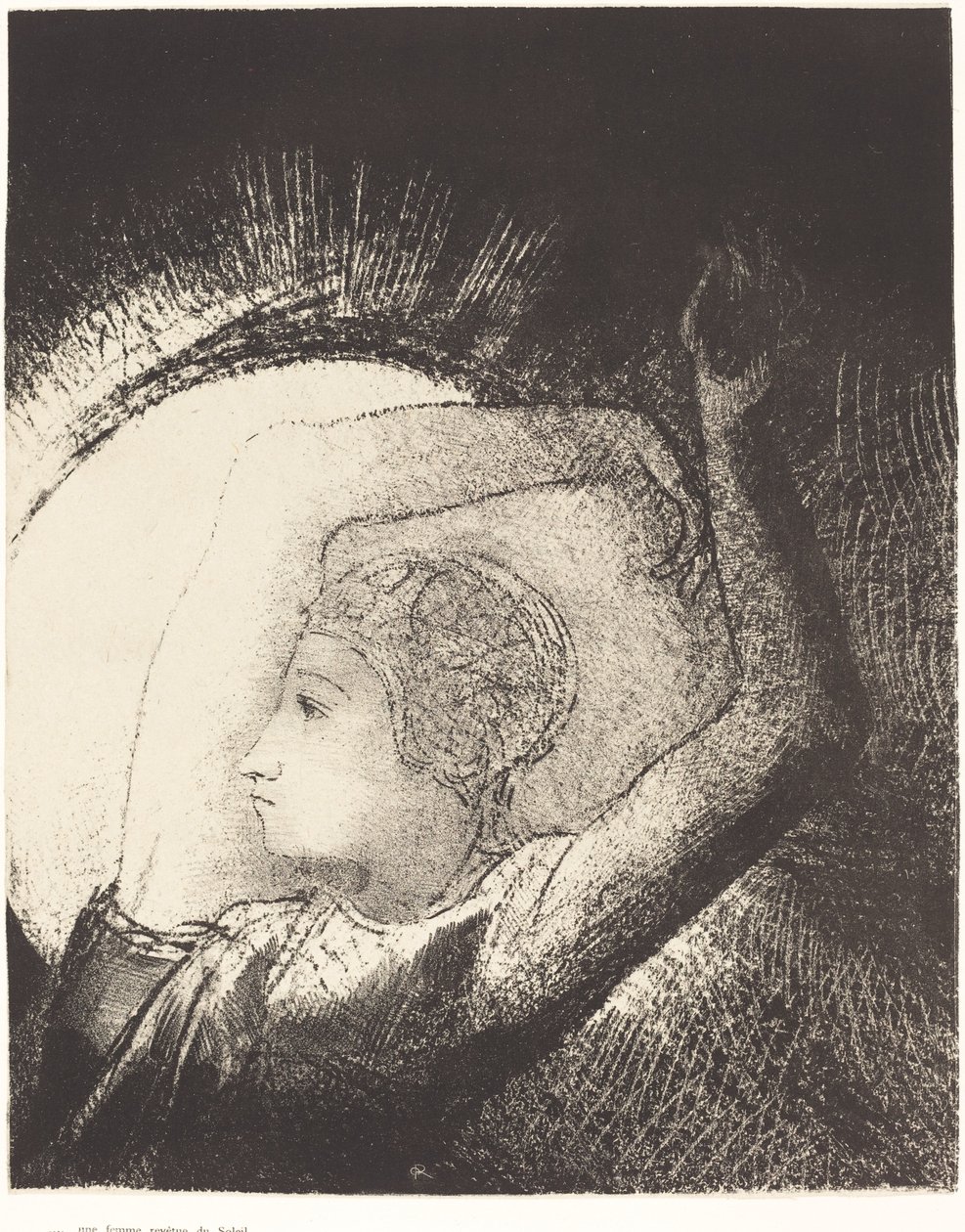 Güneşle giyinmiş bir kadın by Odilon Redon