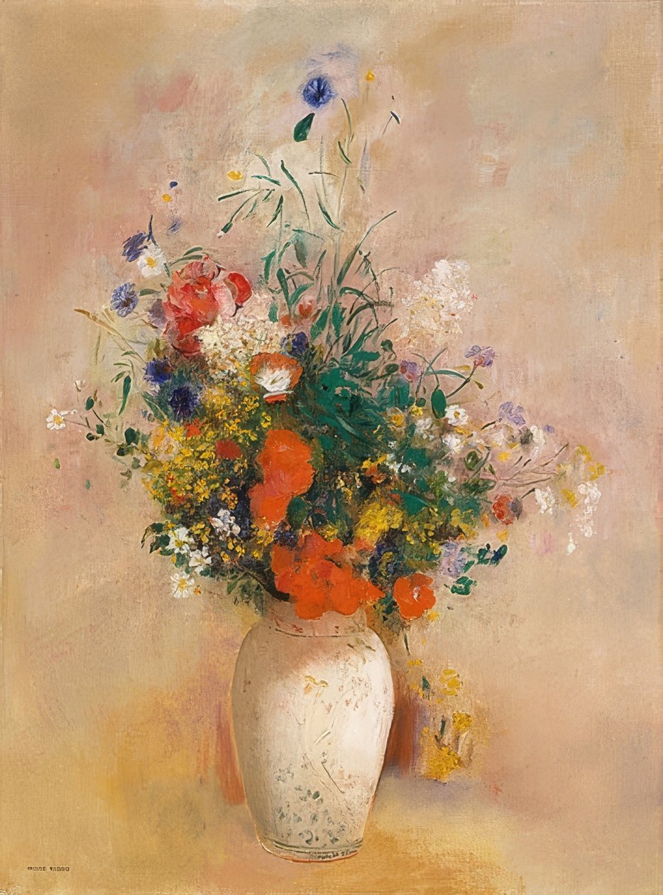 Çiçek vazosu (gül renkli arka plan). 1906 civarında by Odilon Redon
