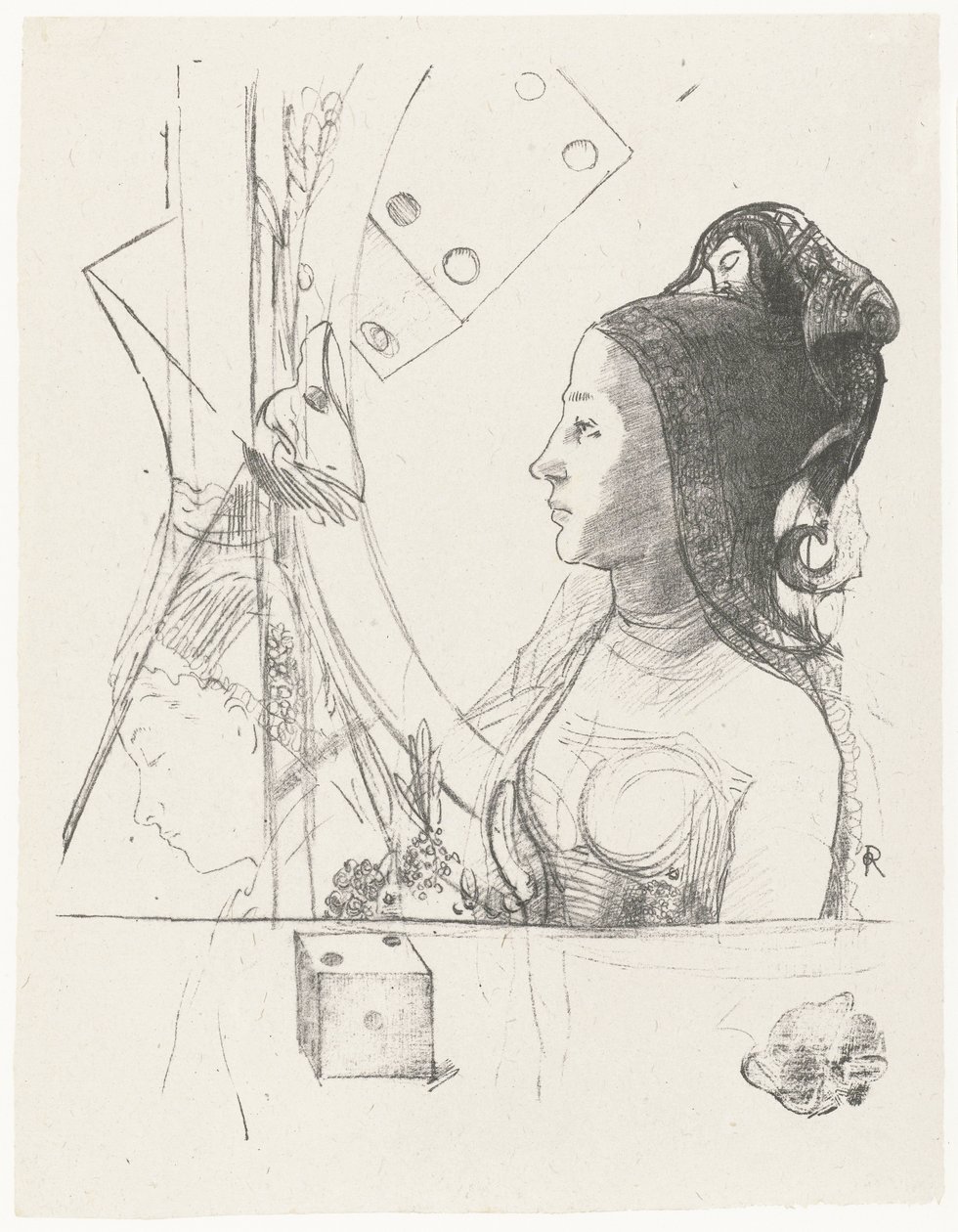 Kadın ve zar Profil kadın solda, bir tavuğun kuaförü Deneme panoları (seri başlığı) Egzersiz plakaları (seri başlığı) by Odilon Redon