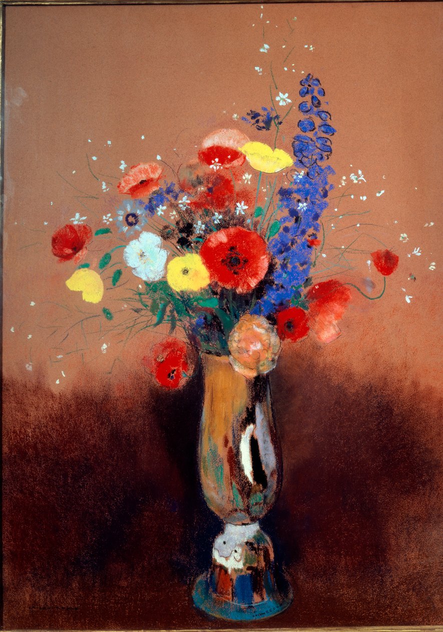 Uzun Boyunlu Vazoda kır çiçekleri, yaklaşık 1912 (kağıt üzerinde pastel) by Odilon Redon