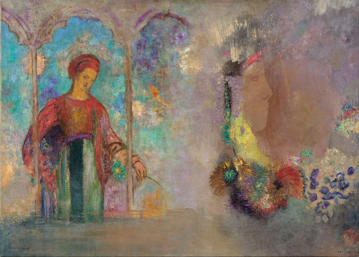 Gotik bir atari salonundaki kadın - Çiçekli kadın - Peinture de Odilon Redon(1840-1916) by Odilon Redon