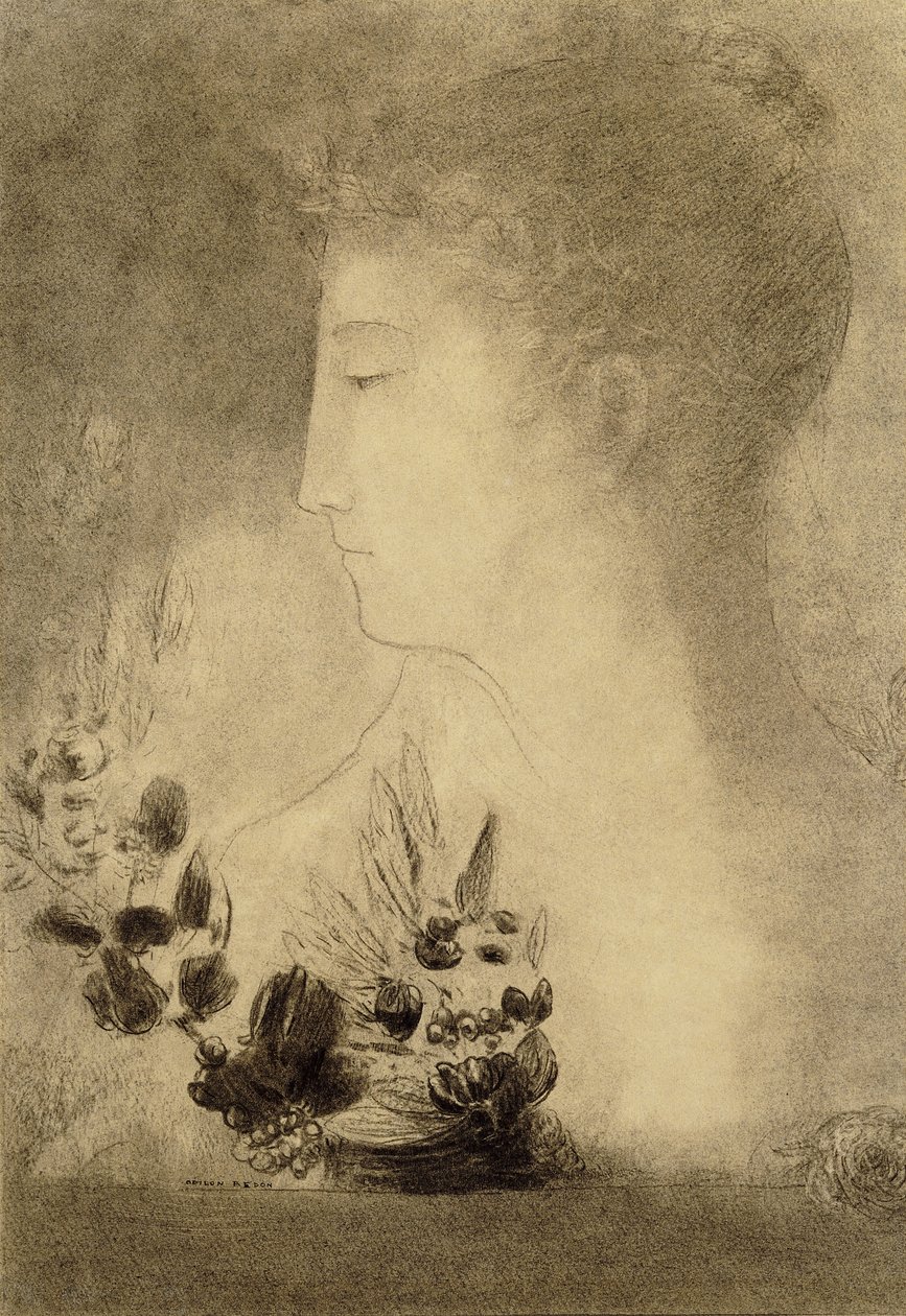 Defne Çelengi ile Profildeki Kadın; Defne Çelenkli Kadın Profili, by Odilon Redon