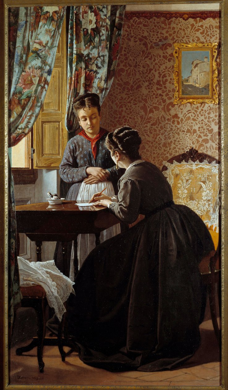 Okuma yazma bilmeyen veya hizmetçisine mektup yazan kadın Resim Odoardo Borrani (1834-1905) 1869 Özel koleksiyon by Odoardo Borrani