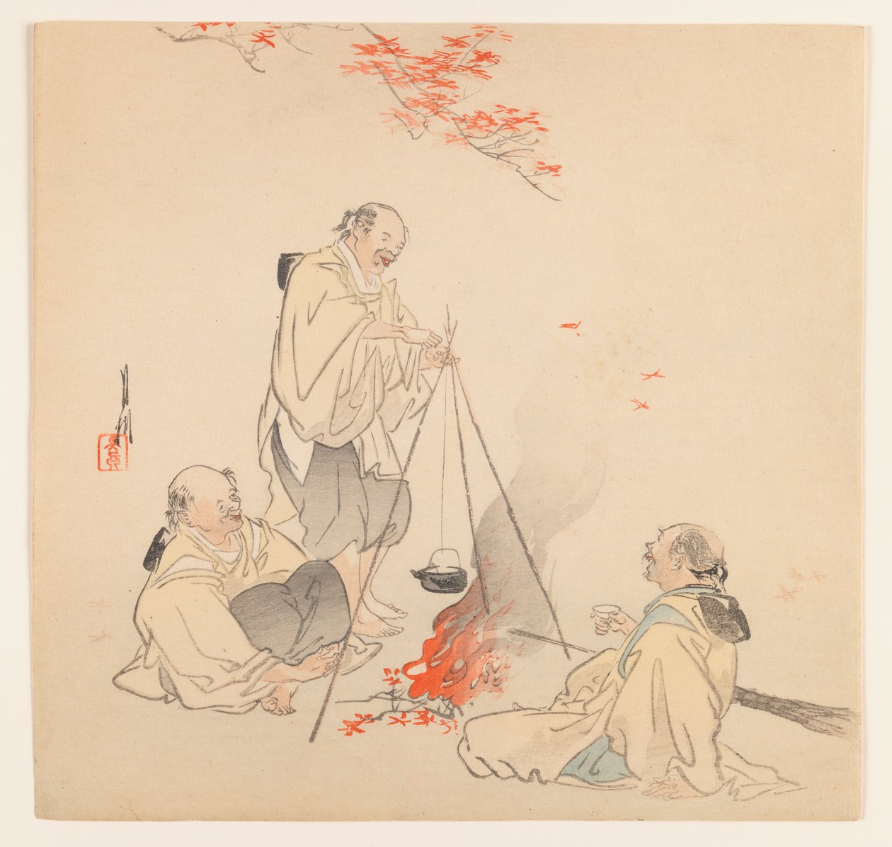 Men by Fire in Autumn, c.1890-1910 (tahta blok renkli baskı) by Ogata Gekko