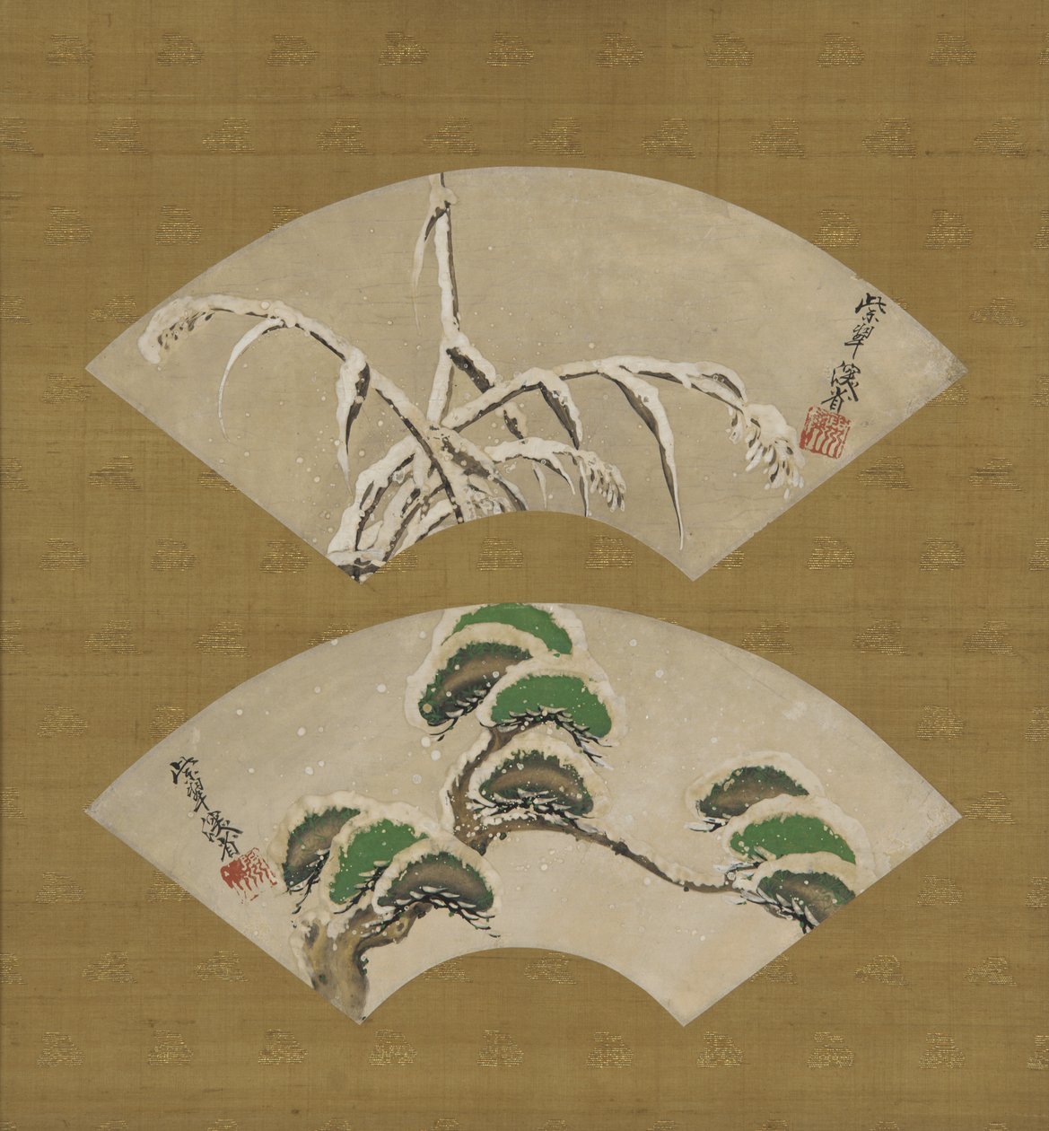 Kar yüklü çimenler ve Kar yüklü çam dalları, Fan by Ogata Kenzan